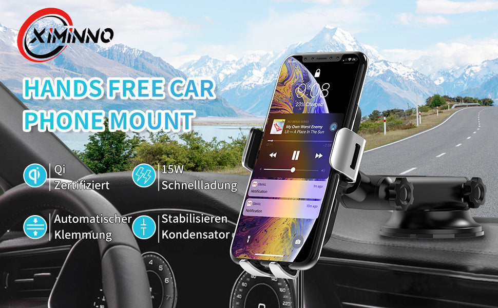 XIMINNO 15W Fast Wireless Charging Car Mount – Dual Mounting, 360° Rotation